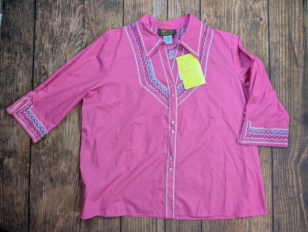 90's Bob Mackie Wearable Art Pink Embroidered Western Shirt 2X Coastal Grandma